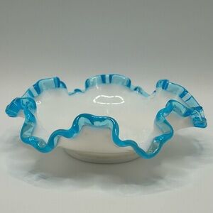Vintage Fenton Aqua Crest Milk Glass Ruffled Dish